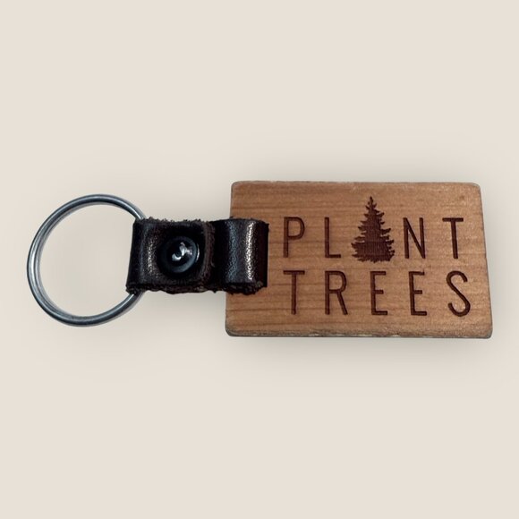 Plant Trees Wooden Keychain Keyring With Leather Strap - Picture 1 of 2